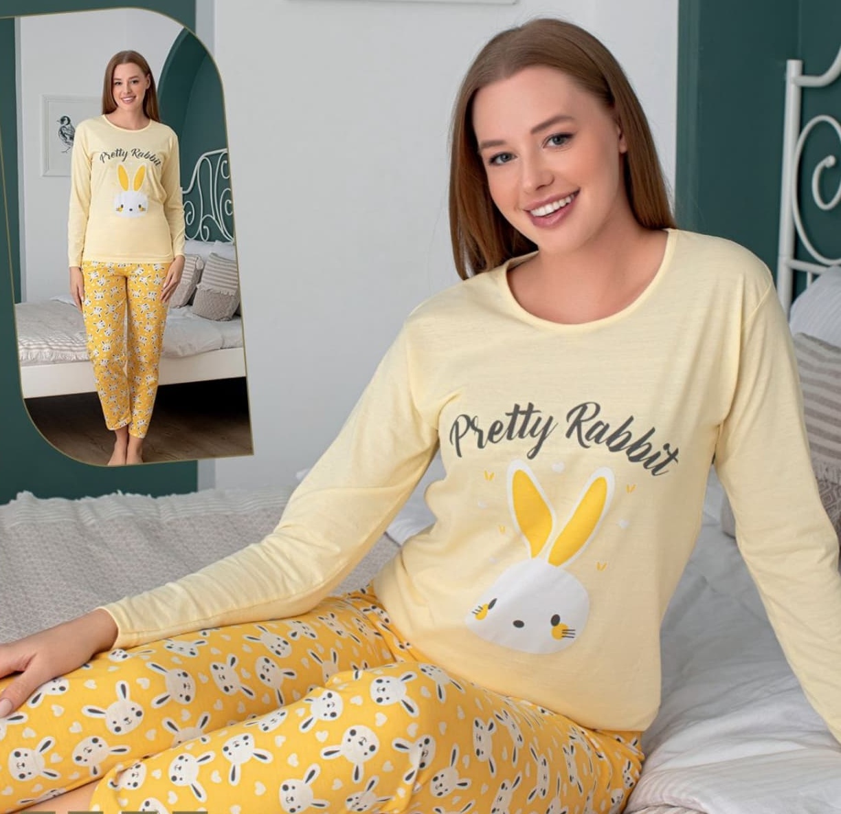 Pijama din bumbac 100%, pentru dame, BLUZA GALBEN cu imprimeu iepure și pantalon LUNG , Cod produs PFR3370