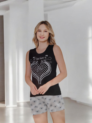 Pijama dama ,maieu cu IMPRIMEU inimioare si pantalon scurt, CULOARE- NEGRU,  Cod PFRV10940